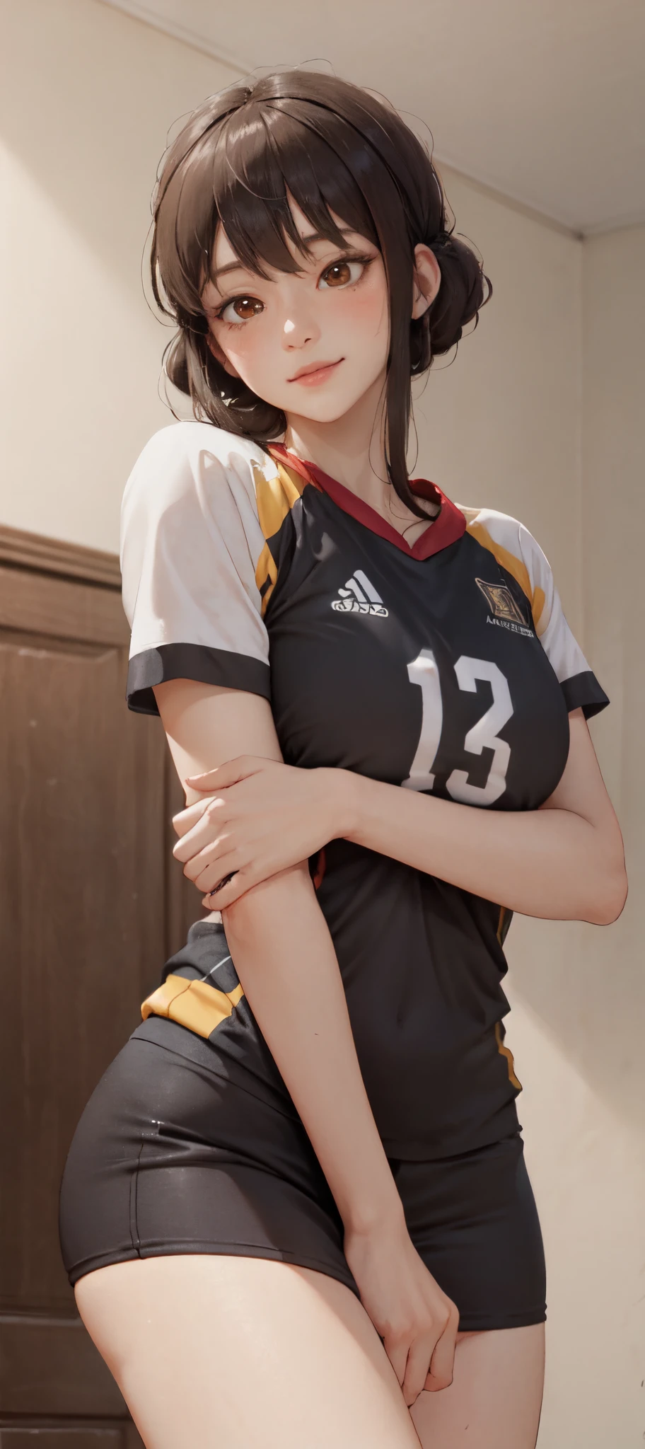 1lady solo, /(tight volleyball uniform/), /(dark brown hair/) bangs, blush light smile, (masterpiece best quality:1.2) delicate illustration ultra-detailed, BREAK /(volleyball court indoors/)