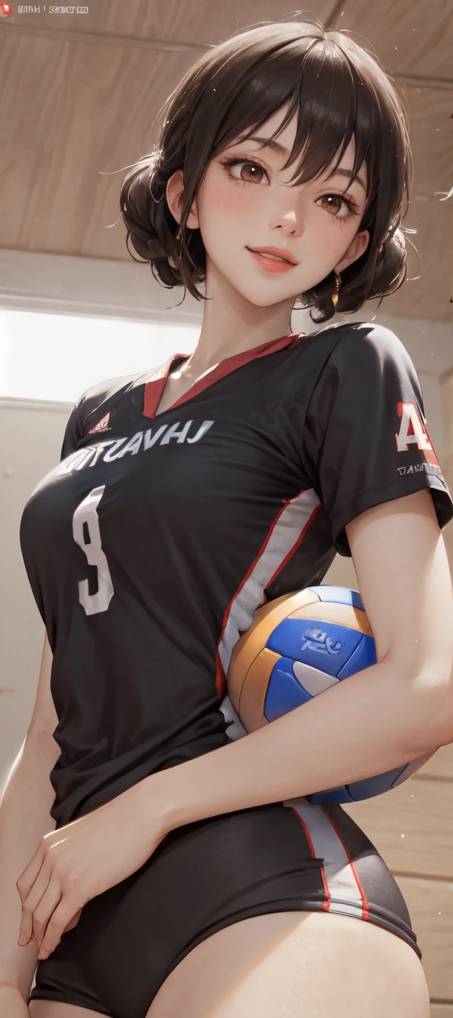 1lady solo, /(tight volleyball uniform/), /(dark brown hair/) bangs, blush light smile, (masterpiece best quality:1.2) delicate illustration ultra-detailed, BREAK /(volleyball court indoors/)