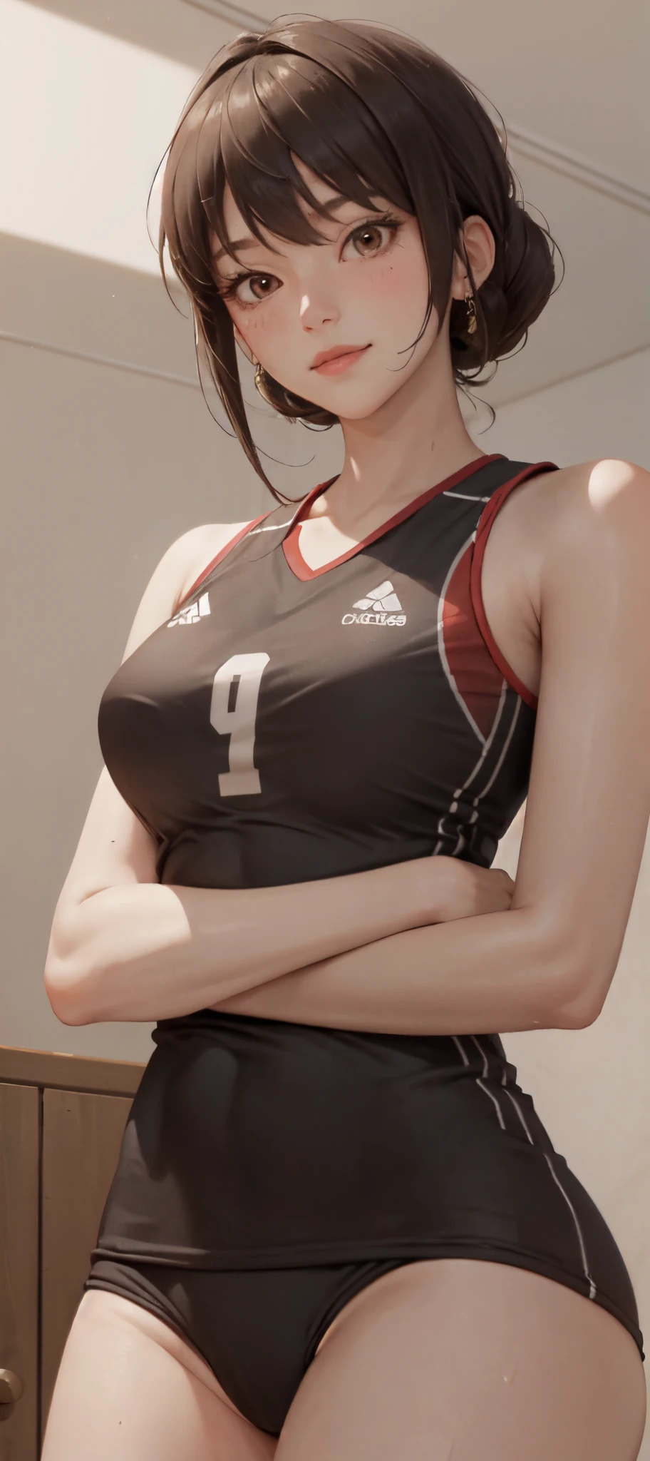 1lady solo, /(tight volleyball uniform/), /(dark brown hair/) bangs, blush light smile, (masterpiece best quality:1.2) delicate illustration ultra-detailed, BREAK /(volleyball court indoors/)