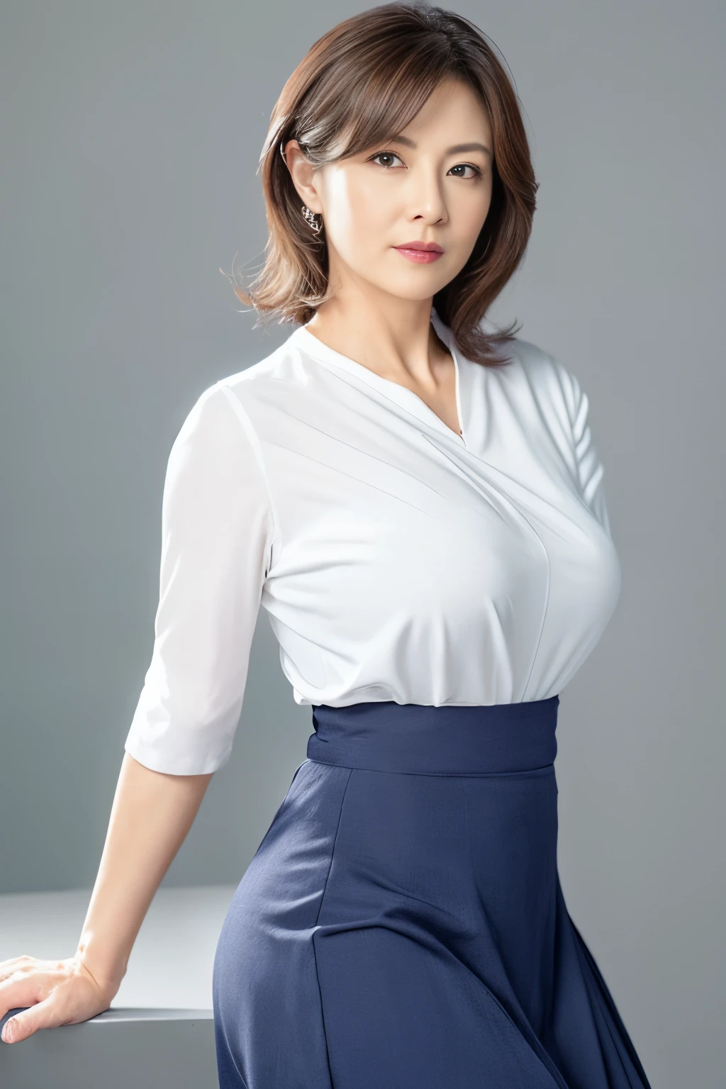 (Best quality, 8k, 32k, Masterpiece, UHD:1.2), 1 girl, ((close up, from front)), beautiy Japanese office lady, (smile:0.5), (looking at the viewer), bit chubby, grey suit, grey mini skirt, white shirt, office room, desk, (huge breasts, buttocks:1.2), detailed beautiful face, double-pony-tail hair, from below,