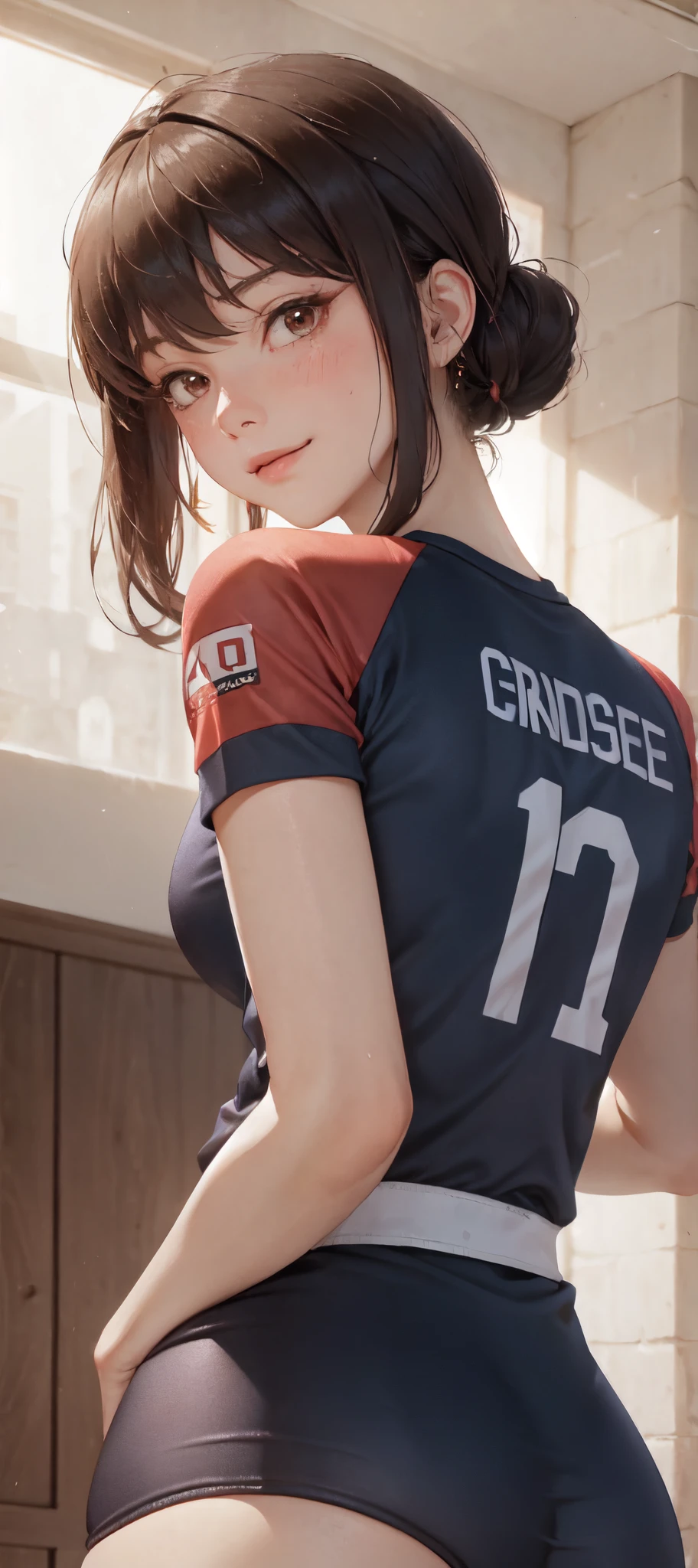 1lady solo, /(tight volleyball uniform/), /(dark brown hair/) bangs, blush light smile, (masterpiece best quality:1.2) delicate illustration ultra-detailed, BREAK /(volleyball court indoors/)