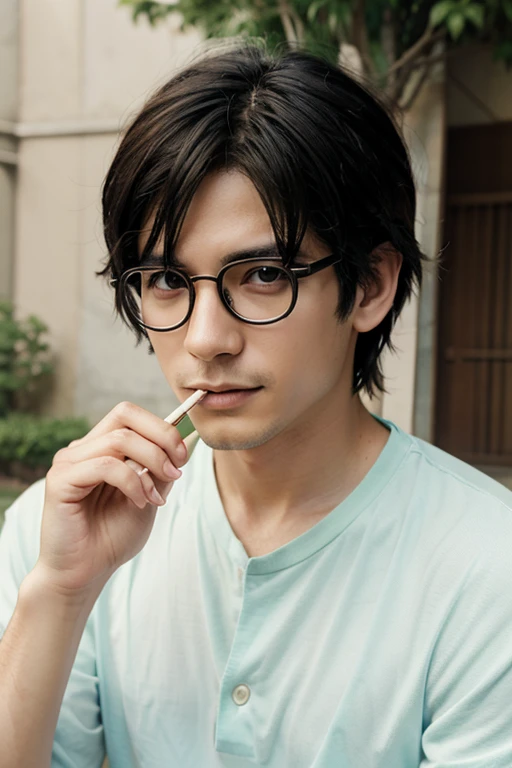 draw me an anime male character uses glasses and smoking with ghibli studio art