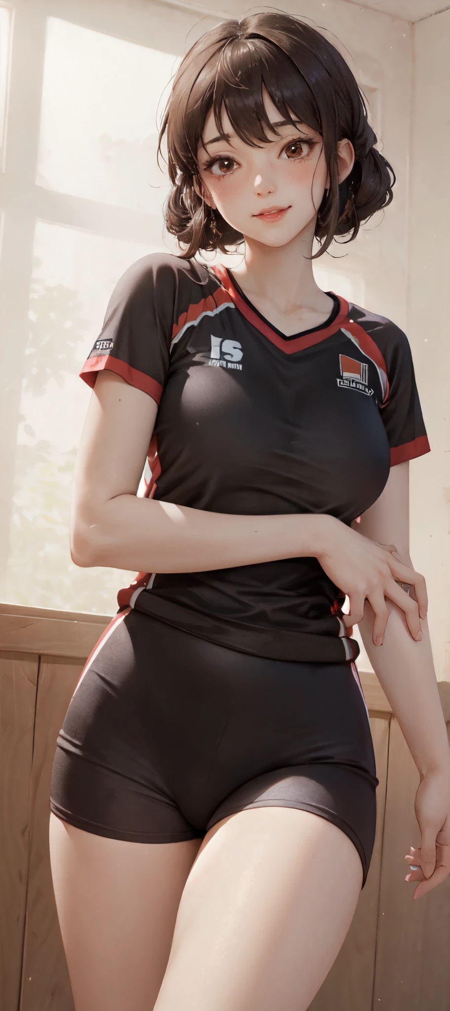 1lady solo, /(tight volleyball uniform/), /(dark brown hair/) bangs, blush light smile, (masterpiece best quality:1.2) delicate illustration ultra-detailed, BREAK /(volleyball court indoors/)