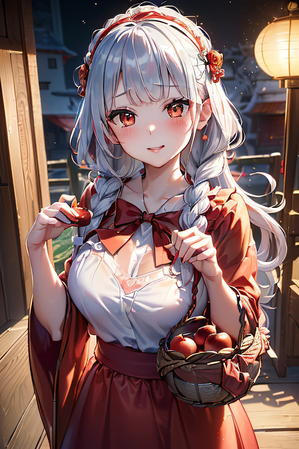 (ukiyoe painting:1.3),(3D Animation:1.3),(Fantasy style costumes),(Grimm fairy tale world),(Little Red Riding Hood,Little Red Riding Hood,red riding hood:1.3),(farmhouse entrance:1.3),(red little red riding hood:1.3),(((Red Tunic:1.3))),(((apples and bread in the basket),Cute and beautiful girl,Cute round face,Cute smile,with blush cheeks,Red Lip,(silver white hair,Floral braided headband,half up、Floral Braided Space Van,Voluminous Fishtail Braids,Twisted chignon,),(Bangs are see-through bangs),hair pin,hair adornments,detailed clothes features,Detailed hair features,detailed facial features,(Dynamic angles),(Dynamic and sexy poses),clothes that emphasize big breasts,Cinematic Light,(masutepiece,top-quality,Ultra-high resolution output image,depth of fields,intricate detailes,Make the subject look three-dimensional with the contrast of light and shadow,) ,(The 8k quality,Anatomically accurate facial structure,),(Sea Art 2 Mode:1.3),(Image Mode Ultra HD,)