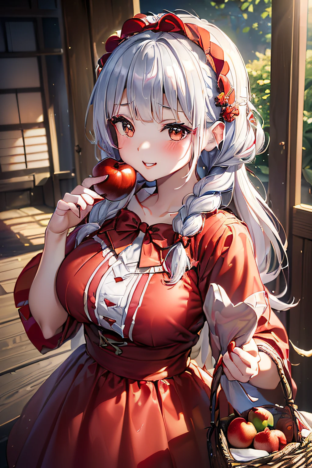 (ukiyoe painting:1.3),(3D Animation:1.3),(Fantasy style costumes),(Grimm fairy tale world),(Little Red Riding Hood,Little Red Riding Hood,red riding hood:1.3),(farmhouse entrance:1.3),(red little red riding hood:1.3),(((Red Tunic:1.3))),(((apples and bread in the basket),Cute and beautiful girl,Cute round face,Cute smile,with blush cheeks,Red Lip,(silver white hair,Floral braided headband,half up、Floral Braided Space Van,Voluminous Fishtail Braids,Twisted chignon,),(Bangs are see-through bangs),hair pin,hair adornments,detailed clothes features,Detailed hair features,detailed facial features,(Dynamic angles),(Dynamic and sexy poses),clothes that emphasize big breasts,Cinematic Light,(masutepiece,top-quality,Ultra-high resolution output image,depth of fields,intricate detailes,Make the subject look three-dimensional with the contrast of light and shadow,) ,(The 8k quality,Anatomically accurate facial structure,),(Sea Art 2 Mode:1.3),(Image Mode Ultra HD,)