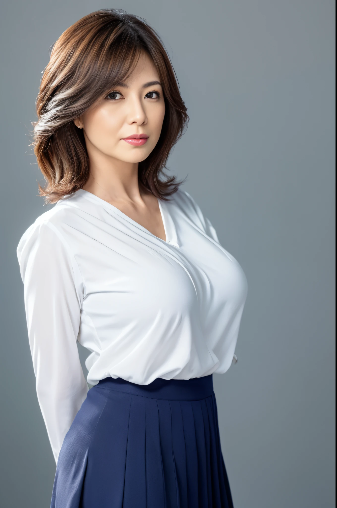 Pale solid color background,masutepiece, Best Quality, Photorealsitic, super detailed skin, Sharpen, Perfect Anatomy, Anatomy, japanese mature, 独奏, 45 yers old, Large breasts, Plump body, Keep your mouth tightly closed, Serious look,Female Teacher, glamor, A sexy, Chromo-white skin, erect through, From thigh to head, White blouses,Navy blue skirt, Staring at this, Looking at Viewer