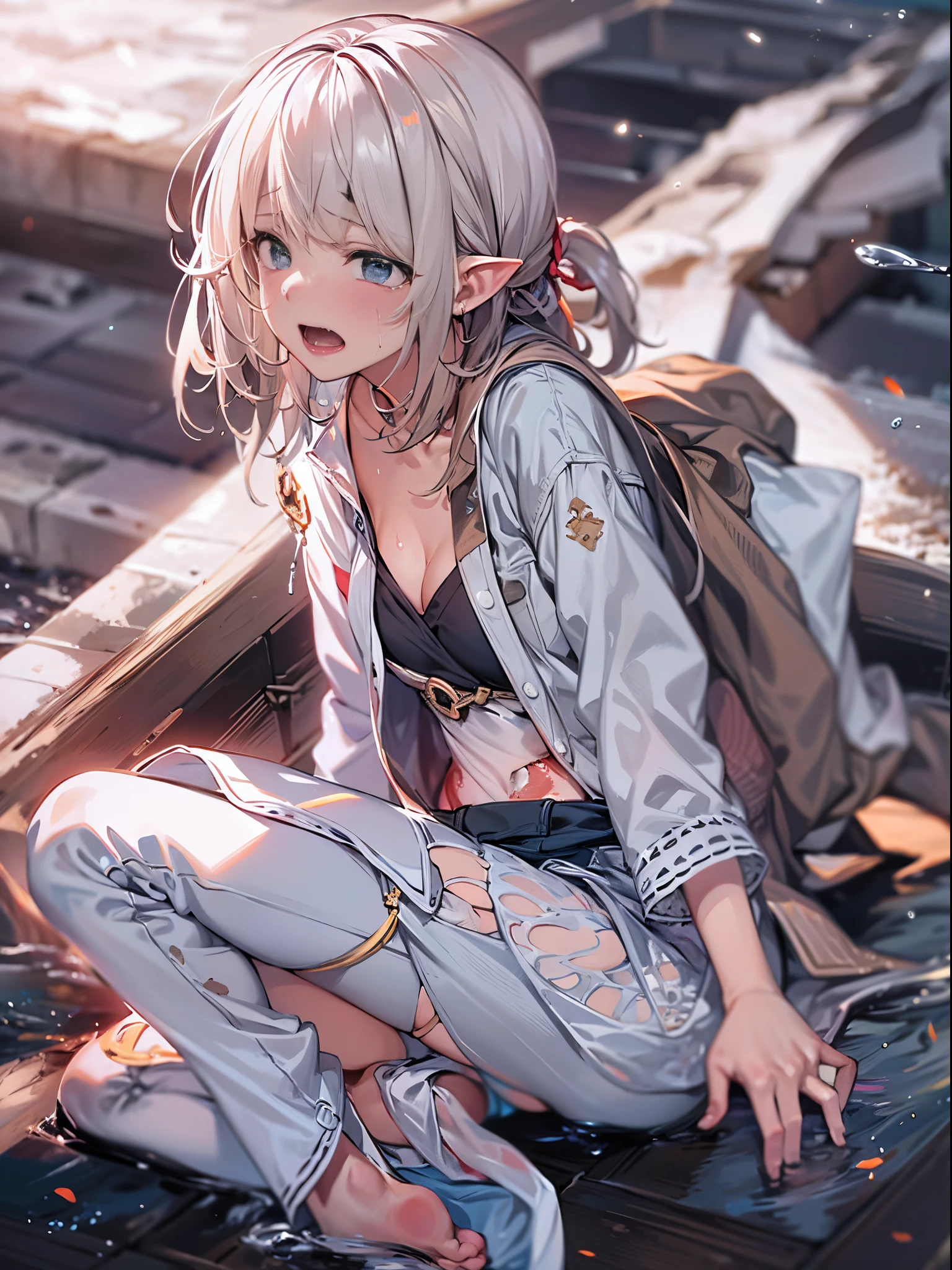 1 girl sitting on the ground crying, Her clothes were torn, mediuml ,  Broken underwear,Physically， white liquid hanging on legs, hair messy, There are scars on the arms, The barefoot, The color hair, vacant eyes, tear drop, Water-colored eyes, streaming tears, pointy ears, the shy, face flushed, sad, close your mouth, saliva marks, japanese manga, spark of light, Trilateral view, from the above, seen from the side, bokeh, F/2.8, Nikon, retinas, Best quality at best, A high resolution, super detailing, 8K