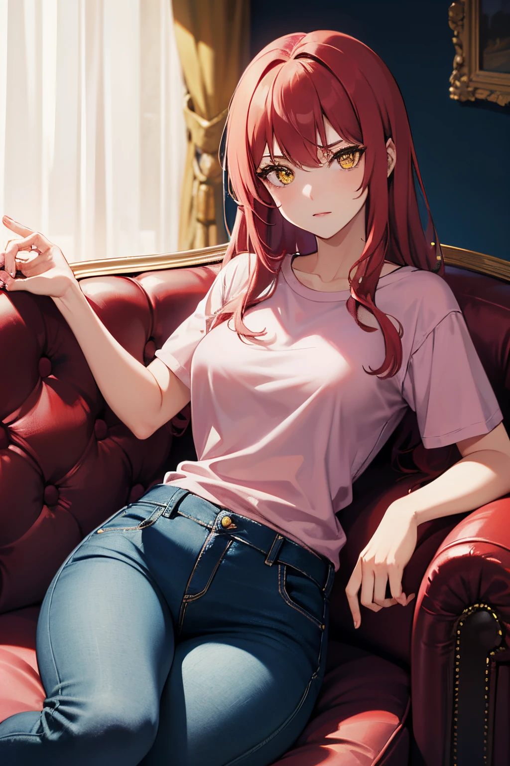 powerful young woman in a fancy mansion, surreal lighting, jeans, (straight red hair, yellow eyes, pink t-shirt,) sitting on a couch,