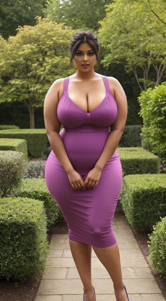 Indian beautiful woman sexy curvy plus size model wearing modern diferrent color night dress front facing to camera in standing position, curvy plus size figure,big m-cup breasts, side bun hairstyle, bright eyes, thin eyebrows, fair skin, blushing cheeks, prefect curvy body, head to thigh view,beautiful garden background