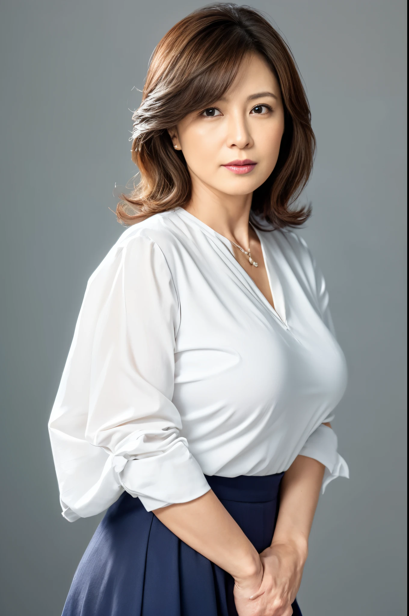 Pale solid color background,masutepiece, Best Quality, Photorealsitic, super detailed skin, Sharpen, Perfect Anatomy, Anatomy, japanese mature, 独奏, 45 yers old, Large breasts, Plump body, Keep your mouth tightly closed, Serious look,Female Teacher, glamor, A sexy, Chromo-white skin, erect through, From thigh to head, White blouses,Navy blue skirt, Staring at this, Looking at Viewer