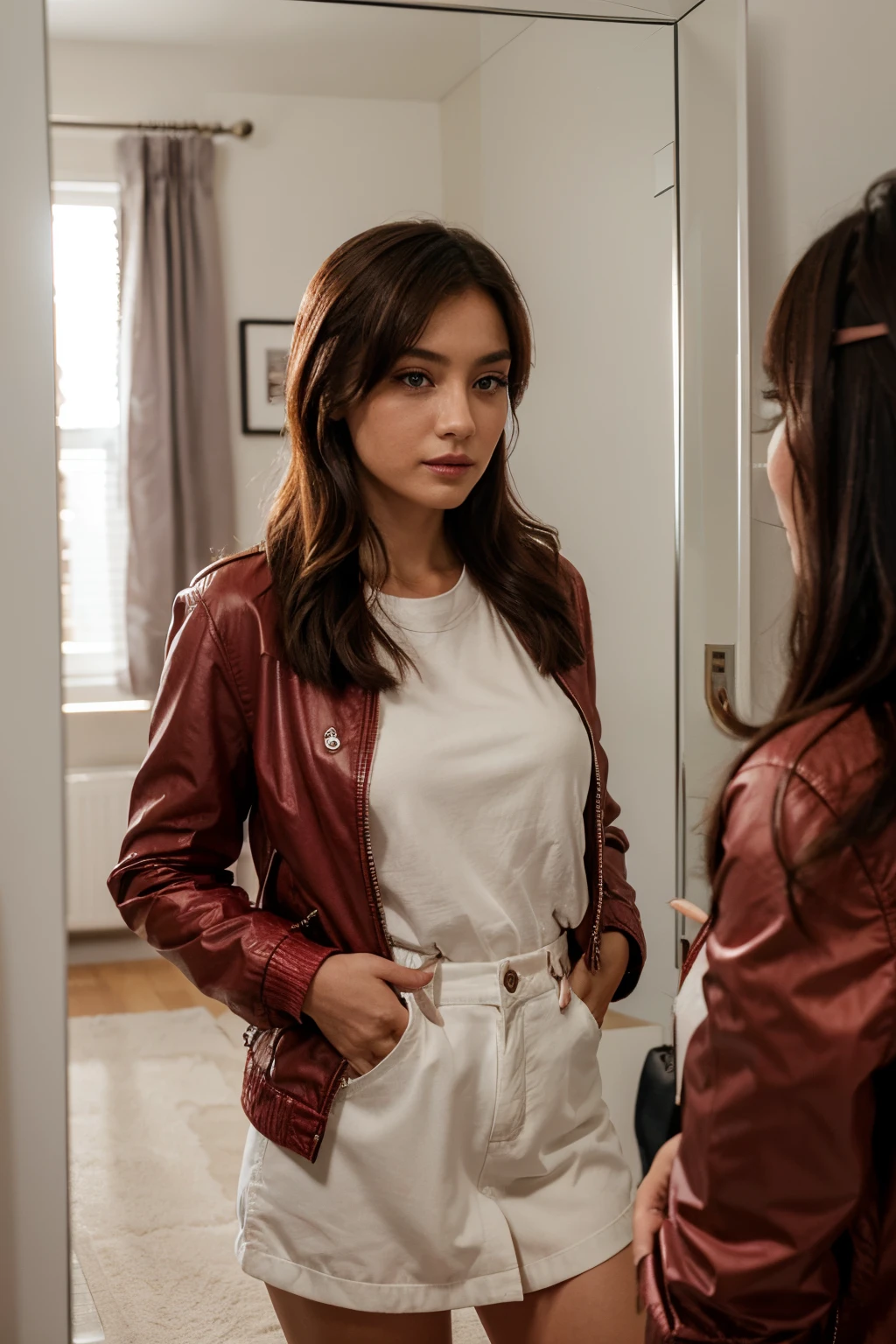 Woman looking at herself in the mirror, she just had lip blushing done, lips slightly red, wearing a stylish jacket, setting is casual, captured with Sony Alpha 7R IV, FE 135mm F1.8 GM lens