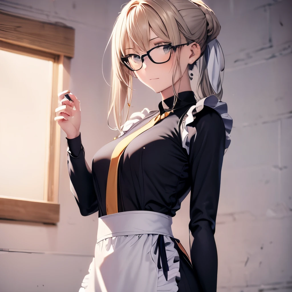 【Highest Quality, masutepiece】 [1 girl in, Manteau, expressioness, jet-black eyes,glasses, sanpaku eyes,front facing,beauty blonde hair, Slender beauty,straight haired, long pony tail hair ,flat chest,] (Gray white background:1.7), no smile,Waitress apron,（golden hair:1.3)