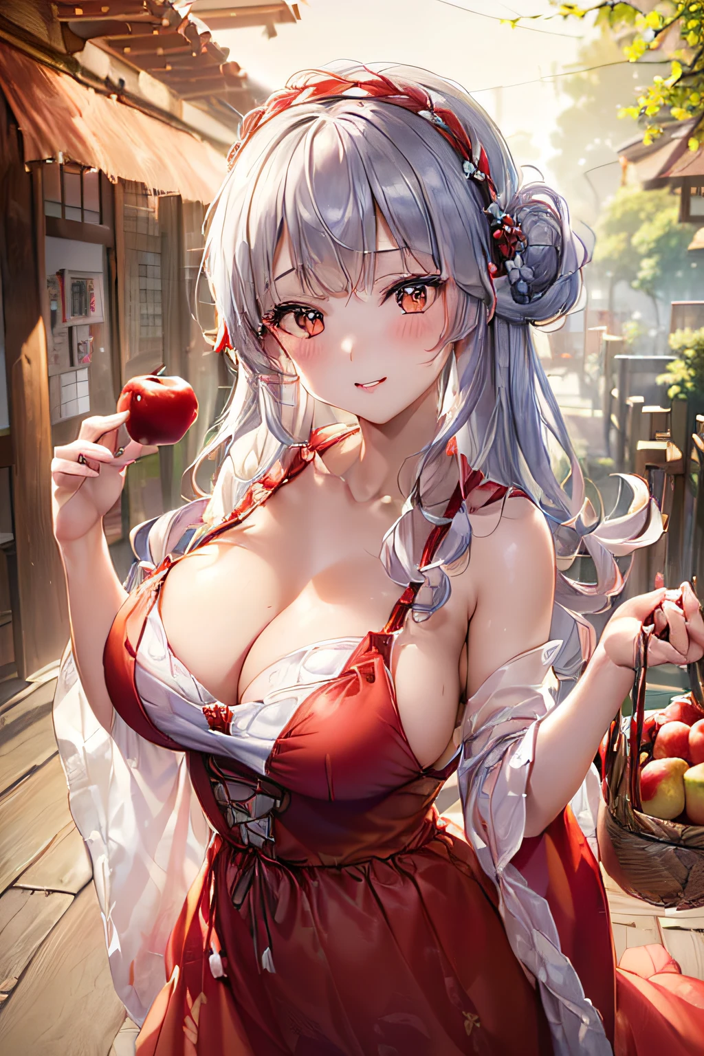(ukiyoe painting:1.3),(3D Animation:1.3),(Fantasy style costumes),(Grimm fairy tale world),(Little Red Riding Hood,Little Red Riding Hood,red riding hood:1.3),(farmhouse entrance:1.3),(red little red riding hood:1.3),(((Red Tunic:1.3))),(((apples and bread in the basket),Cute and beautiful girl,Cute round face,Cute smile,with blush cheeks,Red Lip,(silver white hair,Floral braided headband,half up、Floral Braided Space Van,Voluminous Fishtail Braids,Twisted chignon,),(Bangs are see-through bangs),hair pin,hair adornments,detailed clothes features,Detailed hair features,detailed facial features,(Dynamic angles),(Dynamic and sexy poses),clothes that emphasize big breasts,Cinematic Light,(masutepiece,top-quality,Ultra-high resolution output image,depth of fields,intricate detailes,Make the subject look three-dimensional with the contrast of light and shadow,) ,(The 8k quality,Anatomically accurate facial structure,),(Sea Art 2 Mode:1.3),(Image Mode Ultra HD,)