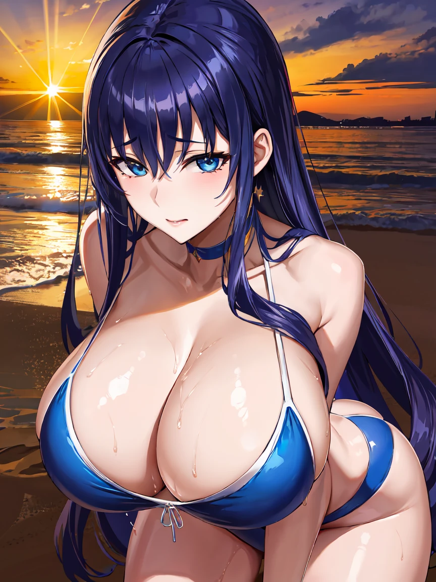 (masterpiece, best quality), high resolution, extremely detailed, (sexy:1.2), cinematic lighting,(Sexual expression:1.2), (Seductive Anime girl:1.3), (bold line:1.2), looking at viewer, cowboy shot, gradation, //, a cute girl, 1gril, , (solo:1.2), //, Semi-long soft waves hair style, beautiful blue hair, (beautiful eyes), (Perfect eyes:1.2), (Perfect iris:1.2), (SFW huge breasts,pointy breast), thick thighs, //, (one-piece swimsuit:1.3), //, (droopy eyes:1.2), //, beach, tranquil atmosphere, //, sparkling effect, lens flare, shiny-glistening, shiny body, gleaming