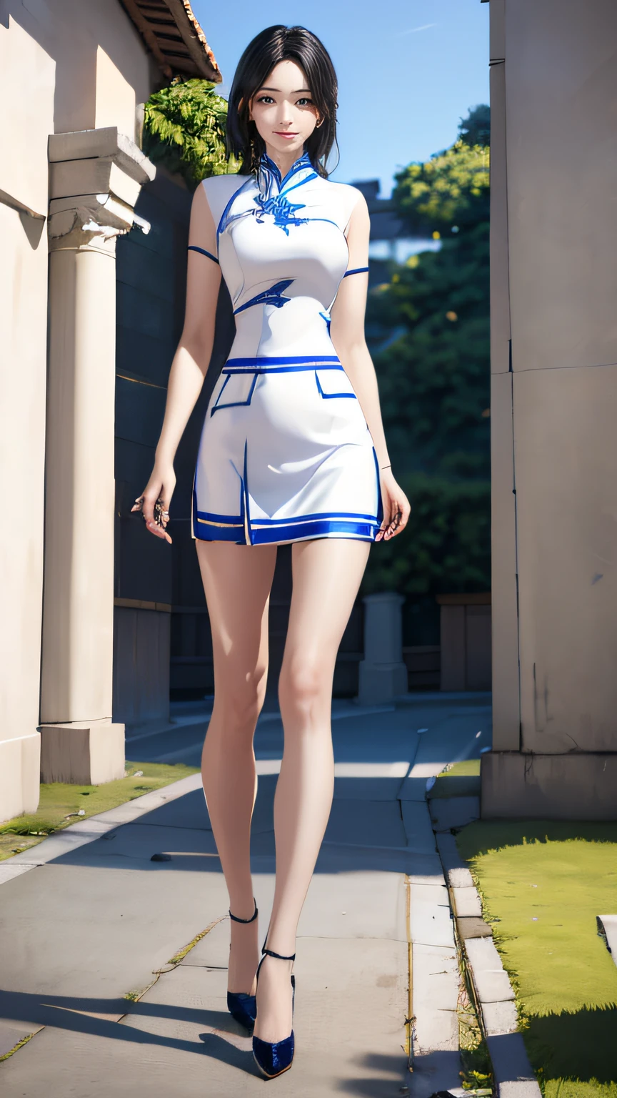 (Hyper-realistic 8k CG:1.2),Perfect artwork,((tmasterpiece)), ((Best quality)), (looking at viewert:1.1),(extremly intricate:1.2), (Full body lesbian: 1.2), 1 Lady (Alone: 1.1), Standing on the crystal clear seaside,Cold and beautiful face, Skin as white and smooth as pearls, Long white hair,long, slick hair, eBlue eyes, Slender and flexible body, Slim fit silk cheongsam,(symetrical eyes,no eye circles,pretty eyes),symmetrical hands,Slender and beautiful hands,perfect hand,Fingers turn white,(Perfectly symmetrical body),looking at viewert,exposing thighs,white and thin,wearing high heels