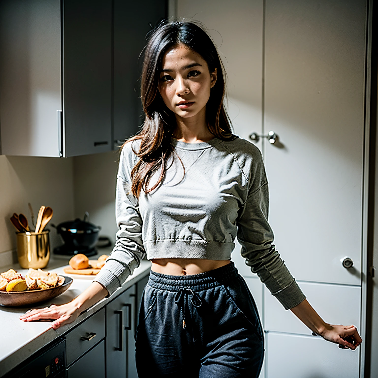 1 woman named Kimmie Miso, standing in modern kitchen, natural light, white cabinets, jogging bottoms, baggy sweater, messy black hair,