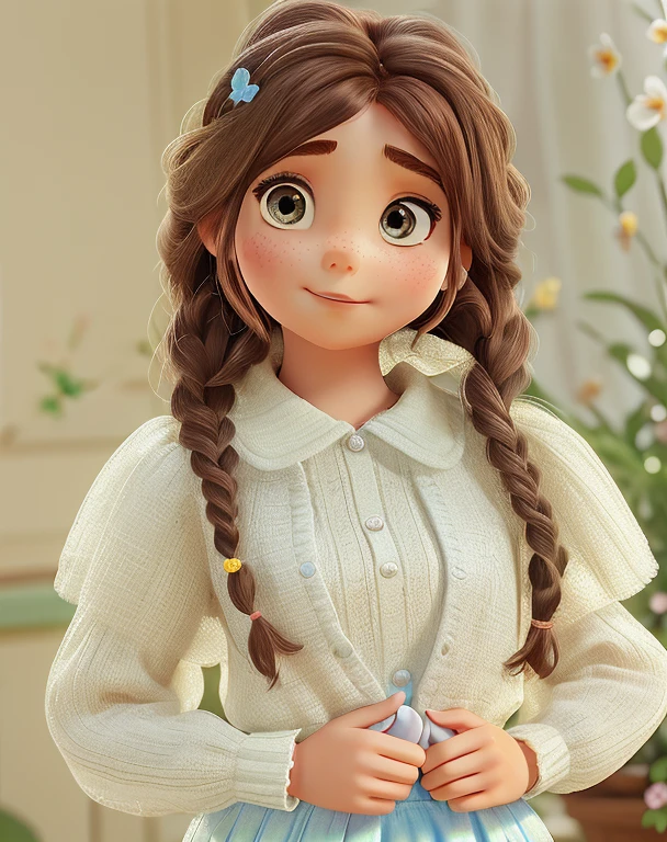 pixar-style,Beautiful brown hair girl,blue hairpin,Twist braids,Small skirt with broken flowers,8K ultra-high resolution,ultra-clear,the detail,Fair and shiny skin,largeeyes