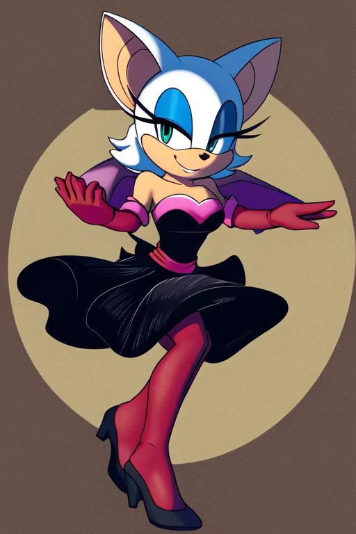 Rouge the Bat as a Flamenco Dancer, no wings, smile, red and black dress, off-the-shoulder black dress, long skirt, upper body, 1990s Abstract Background,