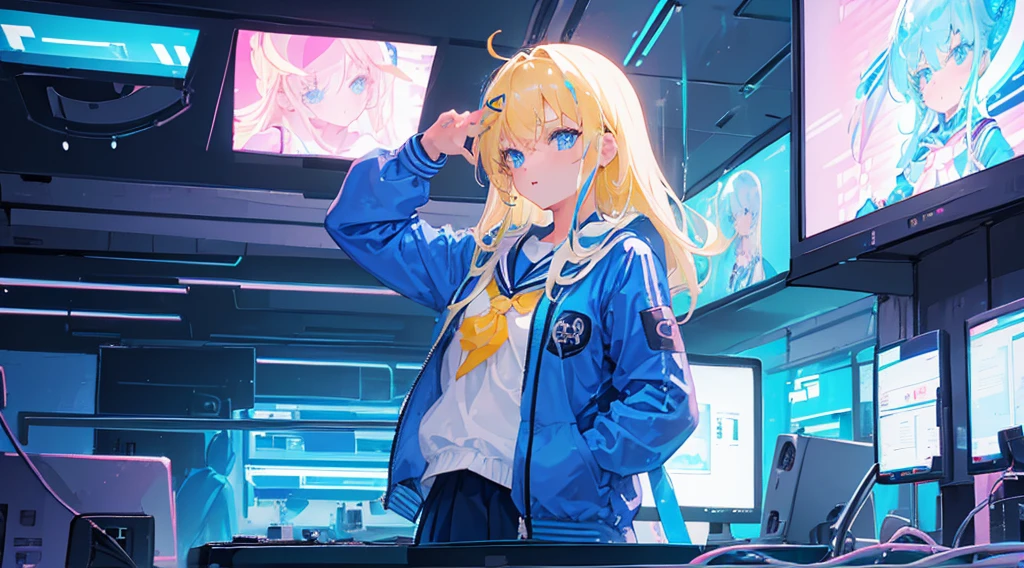 (1 girl, blonde hair, blue eyes, sailor suit), (blue cyberpunk, shop with many monitors, blue neon)