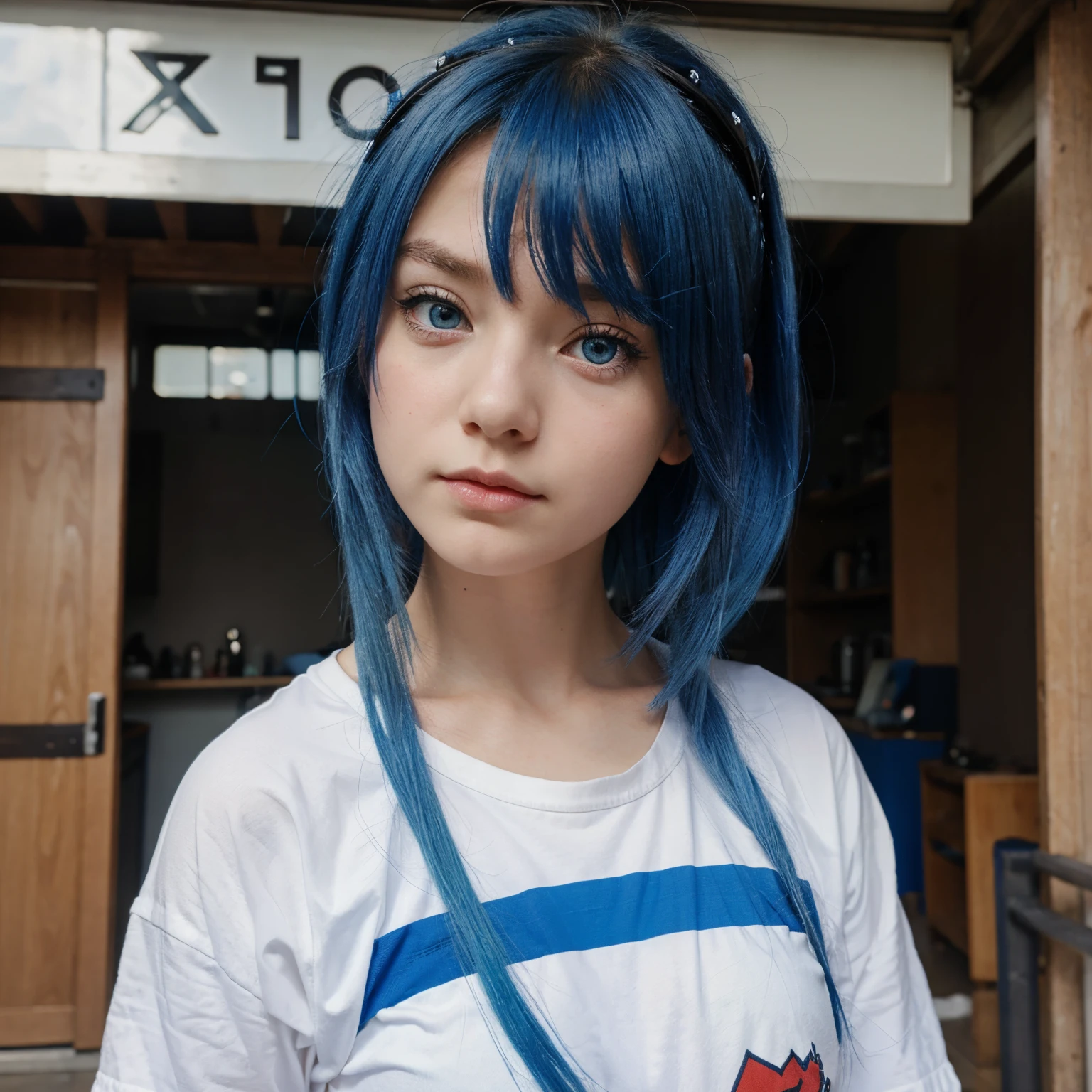 Blue hair red eyes timid girl anime oc