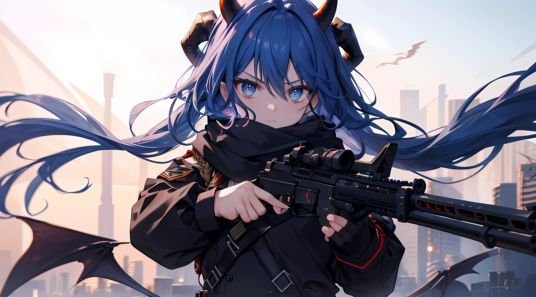 (1 demon girl), front lighting, black demon horns, united states military uniform, pointing pistols to enemy, middle east scarf, detailed face, in the middle of dessert war, blue hair, glare, wavy hair, front lighting, cowboy shot, 8k, masterpiece, ultra HD.