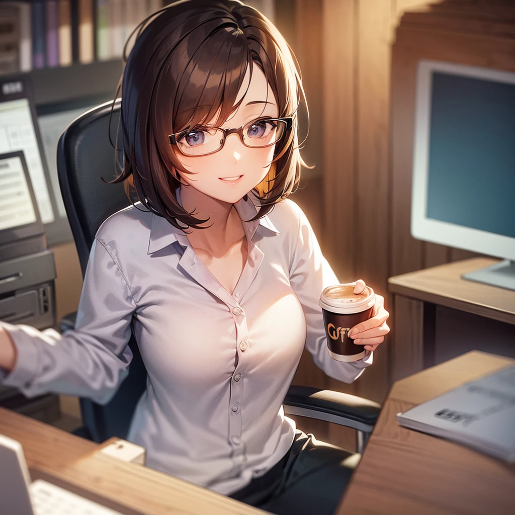 in the office, coffee cup on the desk, sit down on office chair, operate the keyboard of PC, 1:1.4 brown bob hair woman, green soft eyes, glasses, cute smile, upper body, masterpiece, beautiful detailed grow.