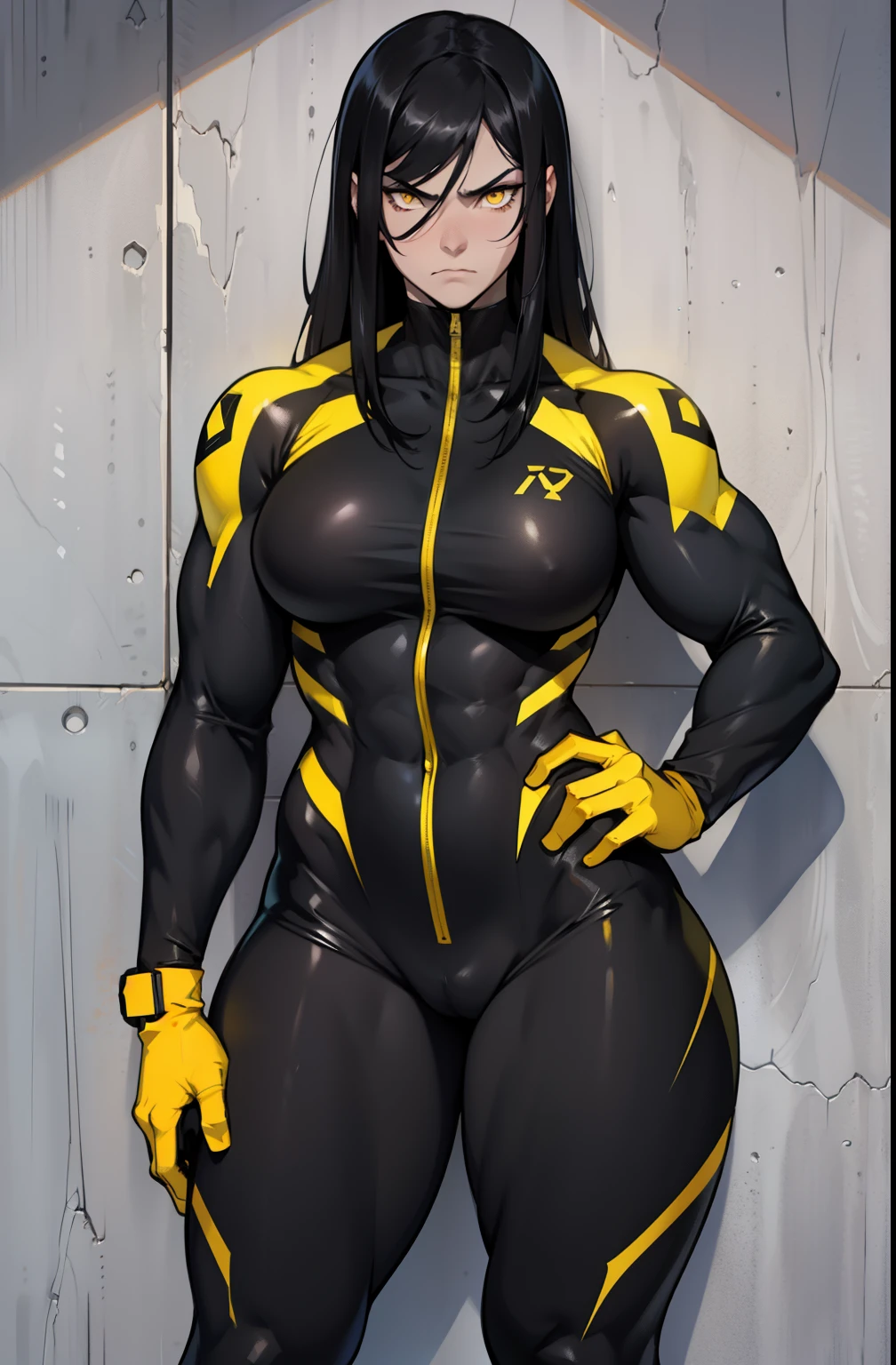 1girl muscular girl pale skin black hair yellow eyes black against wall frown thick toned body muscular thick muscular thick suit thick
