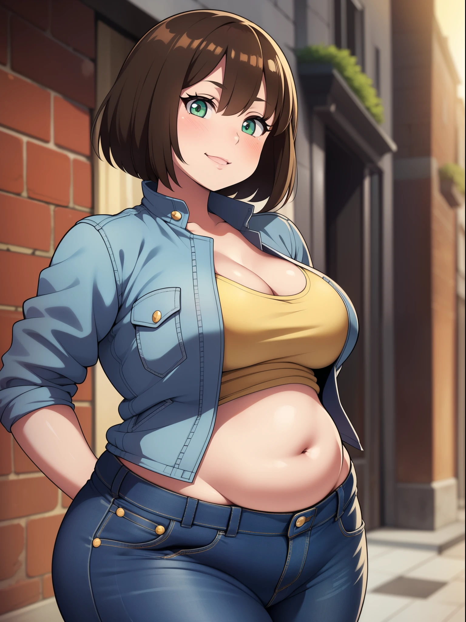 ((high res)), (Masterpiece), perfect anatomy, perfect shading, field of depth, (best quality), extremely delicate and beautiful, perfect lighting, detailed face, ultra cute face, cute, (cowboy shot 1.2), looking at viewer, full body, ((1girl)), ((solo)),

has short hair, fluffy hair, brown hair, green eyes, ((blush)), affectionate smile, (white crop 1.2), (jeans 1.2), (light jacket 1.2), extremely tight clothes, medium breasts, cleavage, perky breasts, (((wide hips))), ((thick thighs)), (chubby), chubby belly, fat rolls, belly hang,

street, town, intricate background, detailed background, standing, hand on hip,