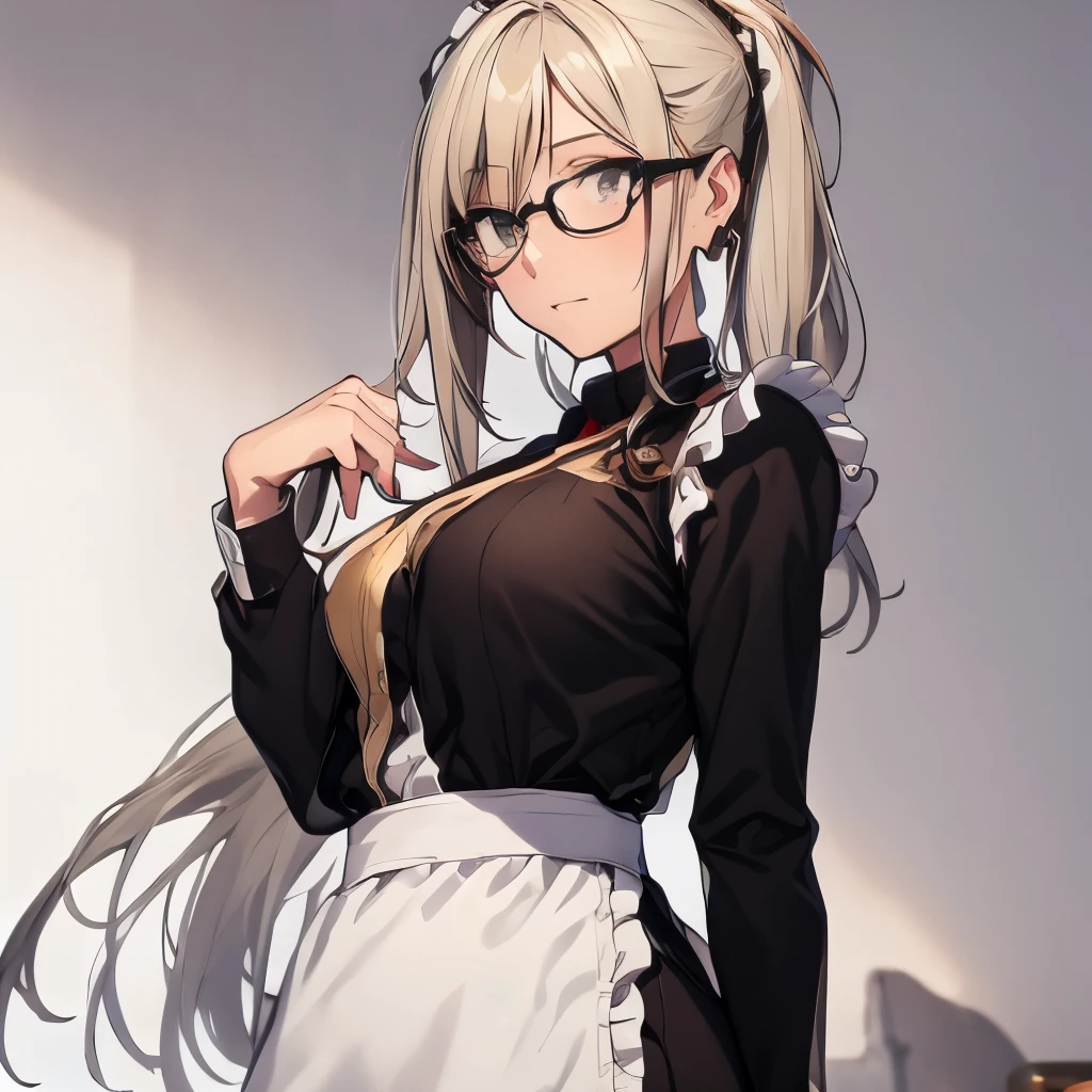 【Highest Quality, masutepiece】 [1 girl in, Manteau, expressioness, jet-black eyes,glasses, sanpaku eyes,front facing,beauty blonde hair, Slender beauty,straight haired, long pony tail hair ,flat chest,] (Gray white background:1.7), no smile,Waitress apron,（golden hair:1.3)