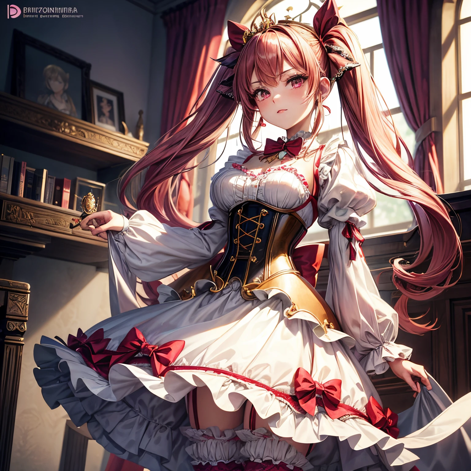 Pretty 15 years old princess, drawn in anime style, long red pigtails hair, pink eyes, small breast, steampunk, white undershirt, red gothic lolita dress with puffy sleeves, corset, petticoat, hair ribbons, fancy gloves, bow tie, ruby earrings and necklace, gold tiara, high heel boots, striped stockings, bloomers, in bedroom, standing elegantly, highly detailed, 1080p, 4k.
