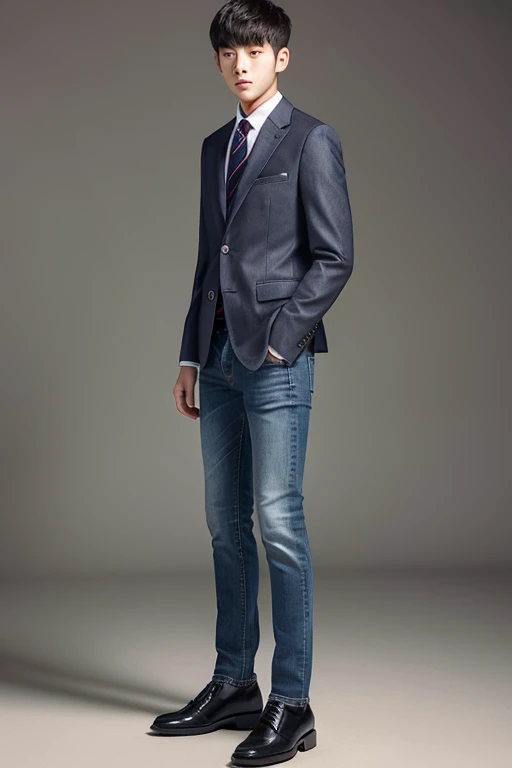 A young man whose upper body is wearing a suit and wearing a tie, and his lower body is wearing jeans and wearing a leather belt standing position.