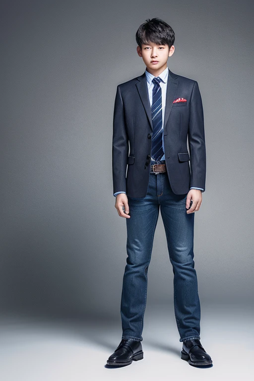 A young man whose upper body is wearing a suit and wearing a tie, and his lower body is wearing jeans and wearing a leather belt standing position.