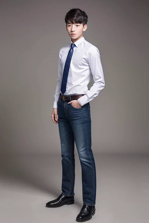 A young man whose upper body is wearing a suit and wearing a tie, and his lower body is wearing jeans and wearing a leather belt standing position.