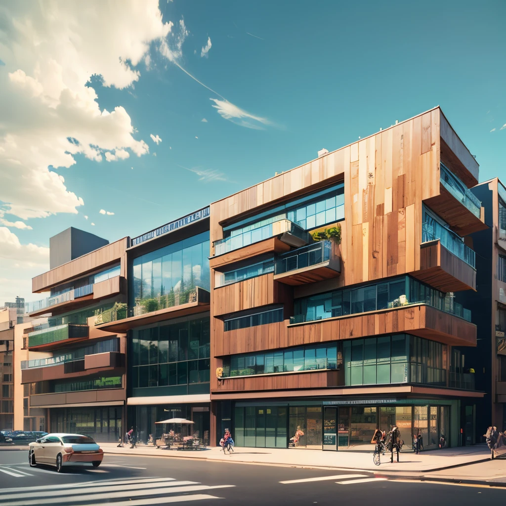 a building made of wood in the center of city,modern official design style --auto --s2