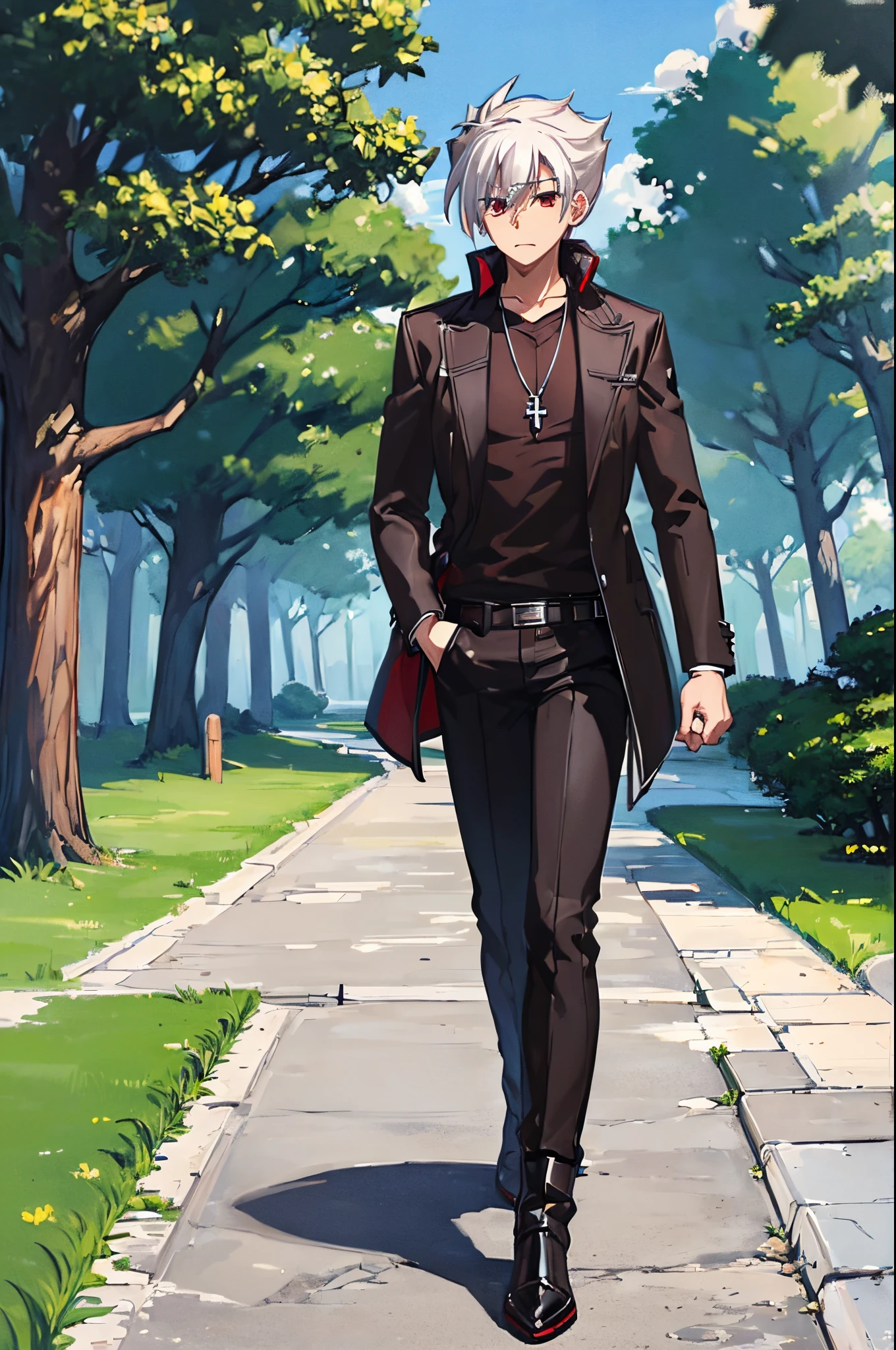 (masterpiece, best quality: 1.4), 1 boy, alone, white hair, red eyes, casual clothing, (black shirt), silver cross necklace, black trench coat, black pants, brown boots, standing, park, trees, outdoors, daytime, blue sky, ((dxd style))