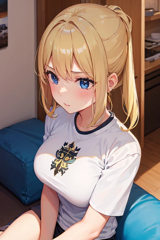 1 girl, white collarless t-shirt, short sleeves, happy, looking straight ahead, blond hair, boobs cup c