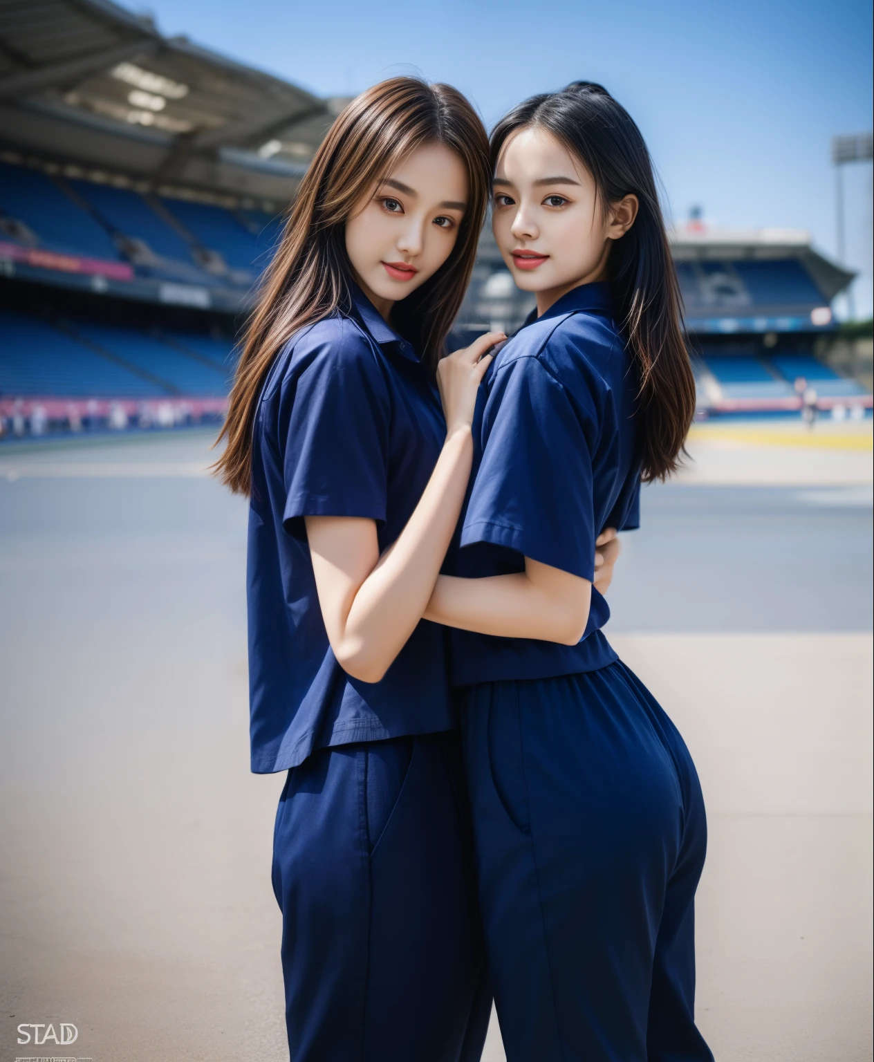 (bestquality,10,10,highres,masterpiece:1.2),ultra-detail,(Realistic,photorealistic portrait,photo-realistic:1.37),1 Cute girl in the football field,oily shiny skin,bara,light smile,BDclothes,((blue shirt:1.3)),short sleeves,shirt, trousers.,(navy_long_Pants Track:1.1), ((Stadium Background:1.3)),dynamic angle,excited,face focus,Dynamic Poses,from behide,Ass Focus,masterpiece, bestquality, ultra realistic, hyper-detail, 8k resolution, RAW photo, crisp focus, ((Navy blue shirt:1.1)), short sleeves, Long Path, Perfect body, 2 mature women, 18yo, cinematic light,Blue sweatpants,Gymware,Correct anatomy,Complete body, Correct body, sharp face, Anatomically correct body, full entire body, Realistic gestures, long-haired, Realistic poses,Wear long shorts............................,Long leg span,Shapely,Sculpting Girl, Slender Figure, mannequin mannequins, Shapely, Beautiful body,Blue sweatpants, Two girls kissing