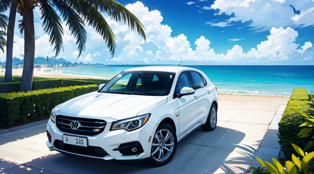 resort area, white hotel by the sea, palm tree, summer sky, luxury white suv