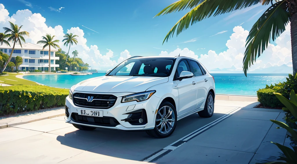 resort area, white hotel by the sea, palm tree, summer sky, luxury white suv