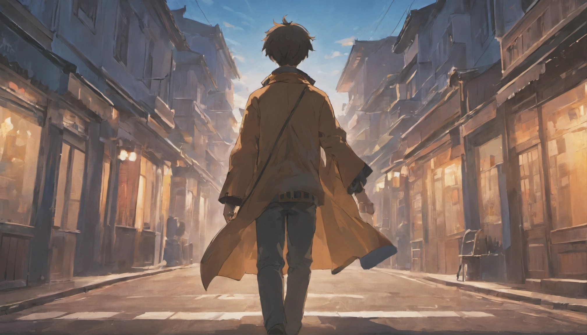 (a determined young man walking with purpose, casting a long shadow, on a quiet street at dusk)  (best quality, highres, ultra-detailed), (realistic, photorealistic:1.37), (HDR, studio lighting), (portraits, concept artists), (warm tones, golden hour lighting).