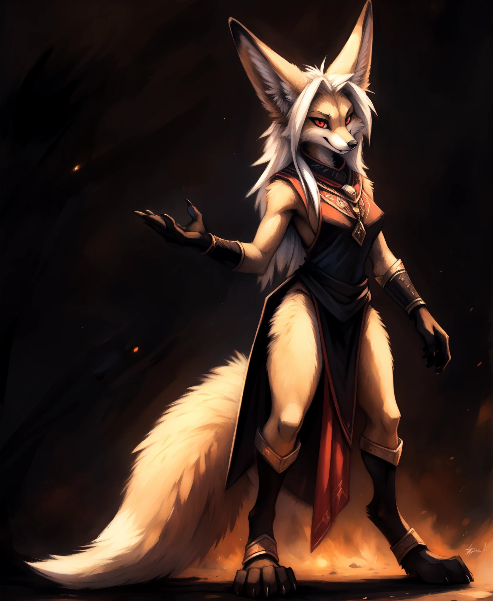 by Zackary911, by Kenket, by Kilinah, by fluff-kevlar, anthro, mommy female white fennec fox, solo, long white hair, red eyes, fangs, full body, one big tail, dark background. dark priest with balck and red cloack,  full body concept, realism