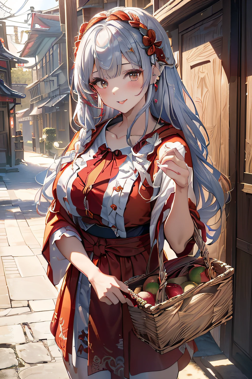 (ukiyoe painting:1.3),(3D Animation:1.3),(Costumes in the style of fantasy),(Grimm fairy tale world),(Little Red Riding Hood,Little Red Riding Hood,red riding hood:1.3),(farmhouse entrance:1.3),(red little red riding hood:1.3),(((Red Tunic:1.3))),(((apples and bread in the basket),Cute and beautiful girl,Cute round face,Cute smile,with blush cheeks,Red Lip,(silver white hair,Floral braided headband,half up、Floral Braided Space Van,Voluminous Fishtail Braids,Twisted chignon,),(Bangs are see-through bangs),hair pin,hair adornments,detailed clothes features,Detailed hair features,detailed facial features,(Dynamic angles),(Dynamic and sexy poses),clothes that emphasize big breasts,Cinematic Light,(masutepiece,top-quality,Ultra-high resolution output image,depth of fields,intricate detailes,Make the subject look three-dimensional with the contrast of light and shadow,) ,(The 8k quality,Anatomically accurate facial structure,),(Sea Art 2 Mode:1.3),(Image Mode Ultra HD,)