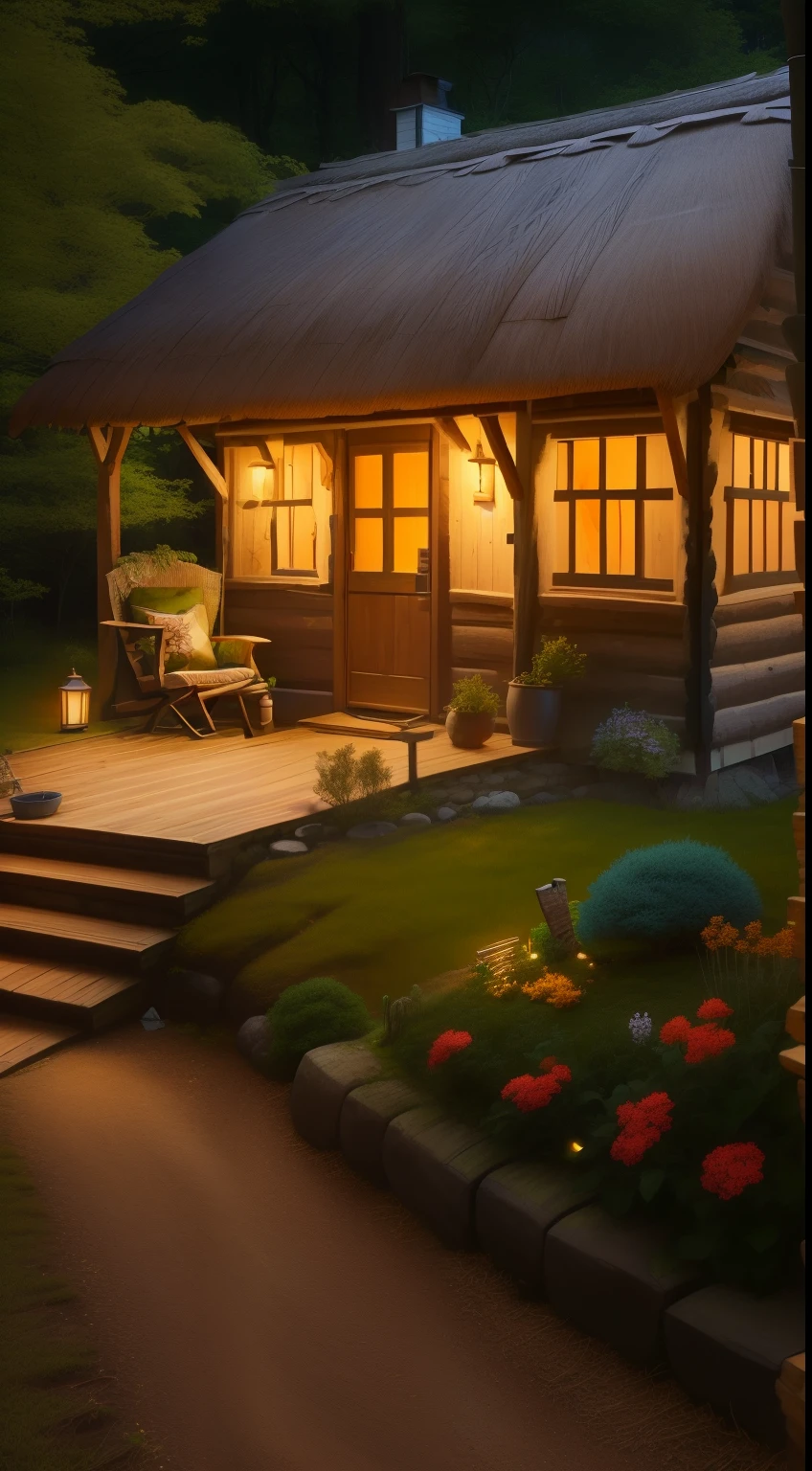 There is a small house with a thatched roof and a garden, Comfortable and peaceful atmosphere, Cabin in the forest, Lodge, tranquil ambiance, Small cottage, idyllic cottage, cottagecore!!, cozy place, cottagecore, Cottage in the woods, Home and garden, wooden cabin, Pleasant and comfortable atmosphere, cozy environment, Summer environment