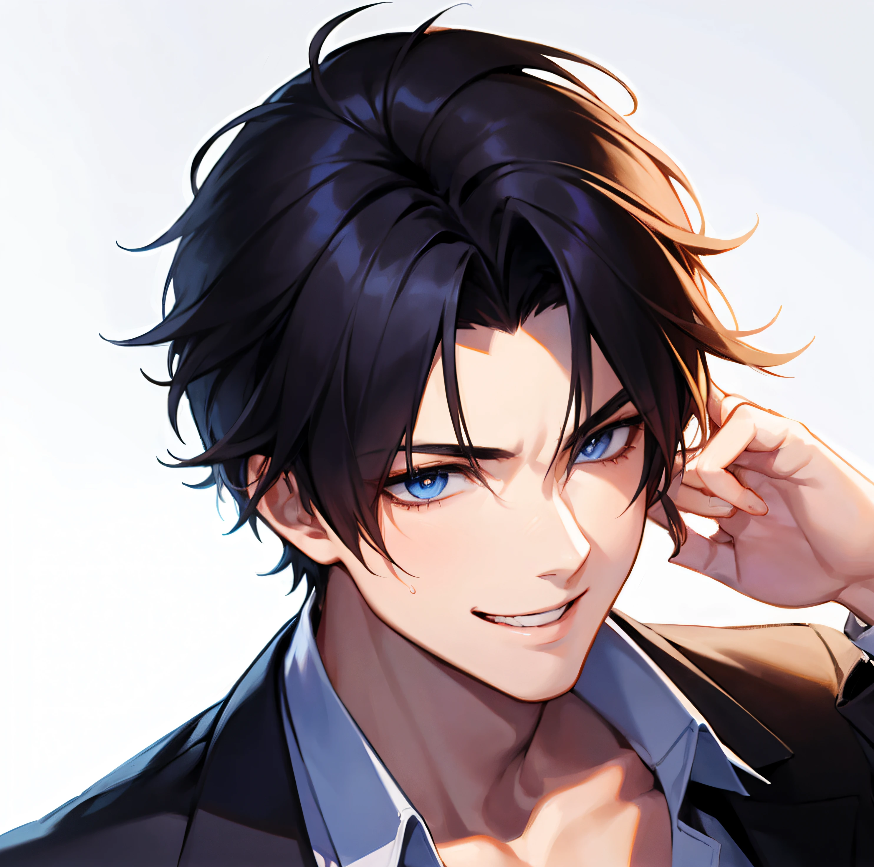 Handsome {{masutepiece}} {{of the highest quality}} {super detailed}} man {{1 boy}} {Boy}{A young man}} Male Focus {{Excited face}} full of sweat, Beautiful seductive smile, Detailed eyes, shining background, man with shining eyes, Short hair, Detailed brown hair, [hair messy].