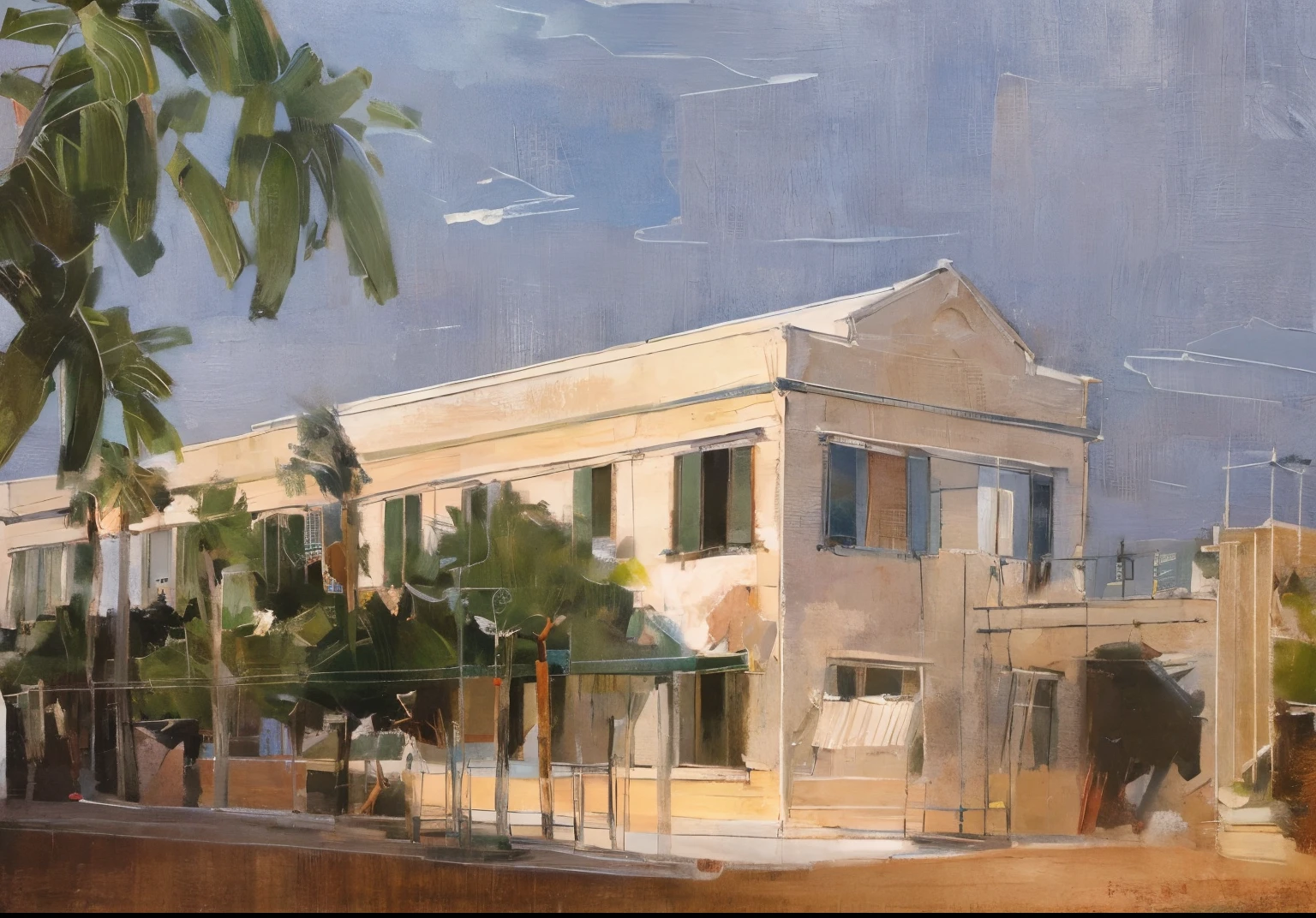 A two-story building, artwork of a building, Commercial illustration, Pamela Drew, drawn image, high high quality, freehand brushwork, There is a row of trees next to the building,Plumeria tree nearby, with palm trees and columns, neoclassical architecture,Intense lighting effects。
