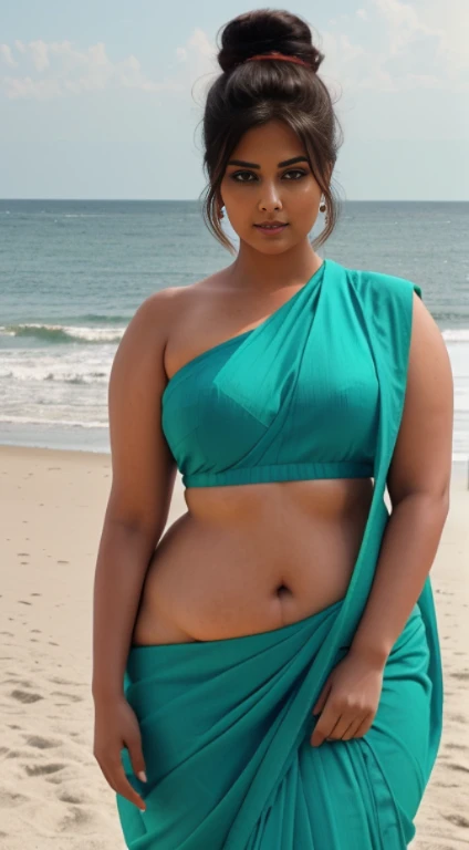 Indian beautiful woman sexy curvy plus size model wearing modern diferrent color sari front facing to camera in standing position, curvy plus size figure,big m-cup breasts, side bun hairstyle, bright eyes, thin eyebrows, fair skin, blushing cheeks, prefect curvy body, head to thigh view,beautiful sea beach background