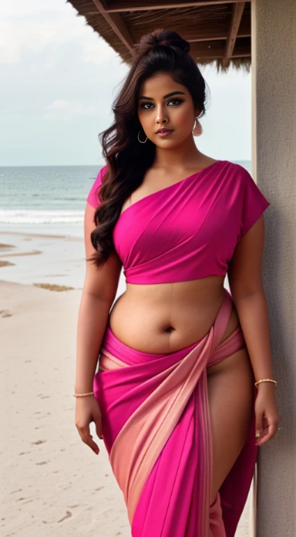 Indian beautiful woman sexy curvy plus size model wearing modern diferrent color sari front facing to camera in standing position, curvy plus size figure,big m-cup breasts, side bun hairstyle, bright eyes, thin eyebrows, fair skin, blushing cheeks, prefect curvy body, head to thigh view,beautiful sea beach background
