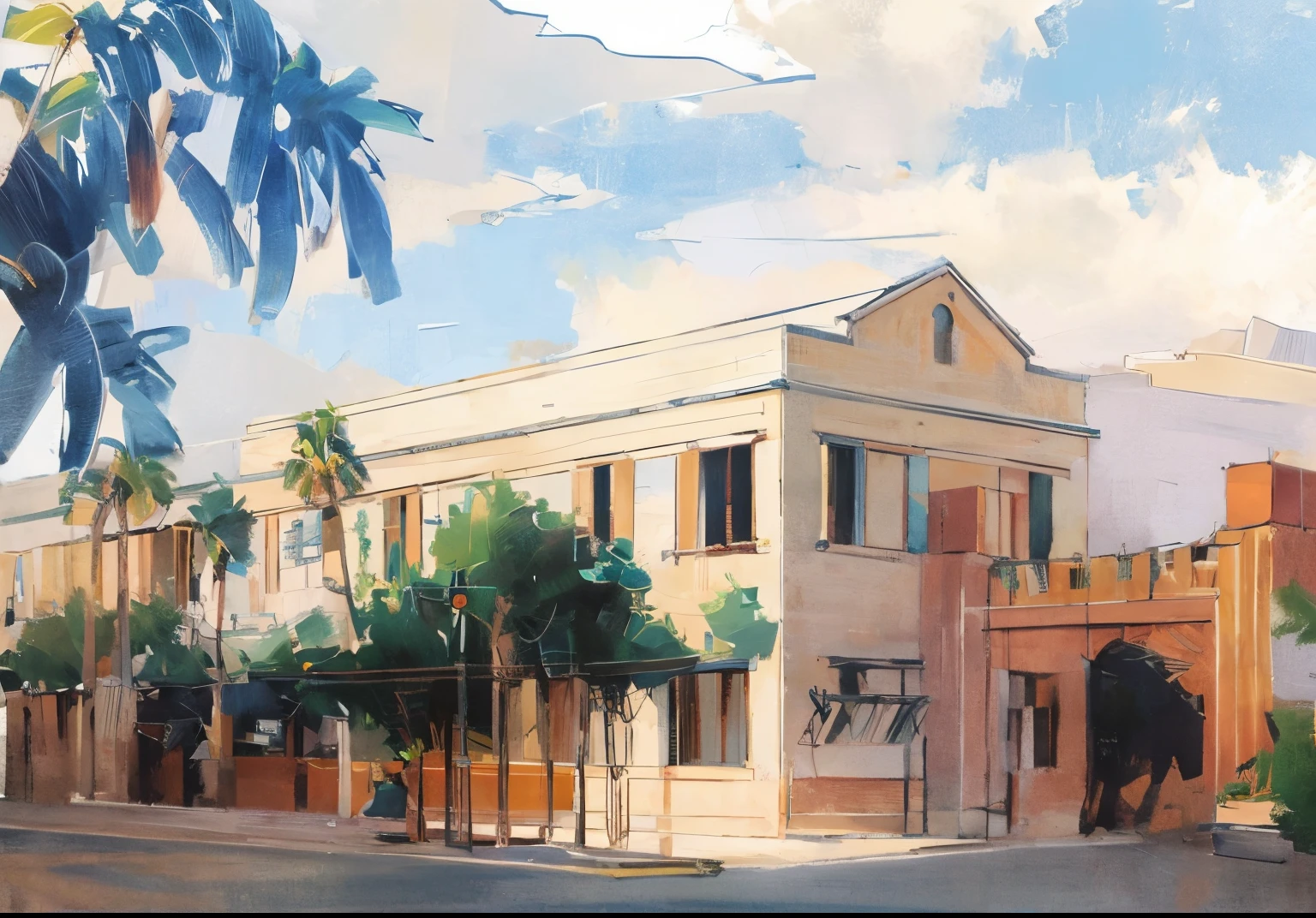 a two-story building, artwork of a building, Commercial illustration, Pamela Drew, drawn image, Stylized digital illustration, simplified realism style, There is a row of trees next to the building,Plumeria tree nearby, with palm trees and columns, neoclassical architecture, conceptual drawing,