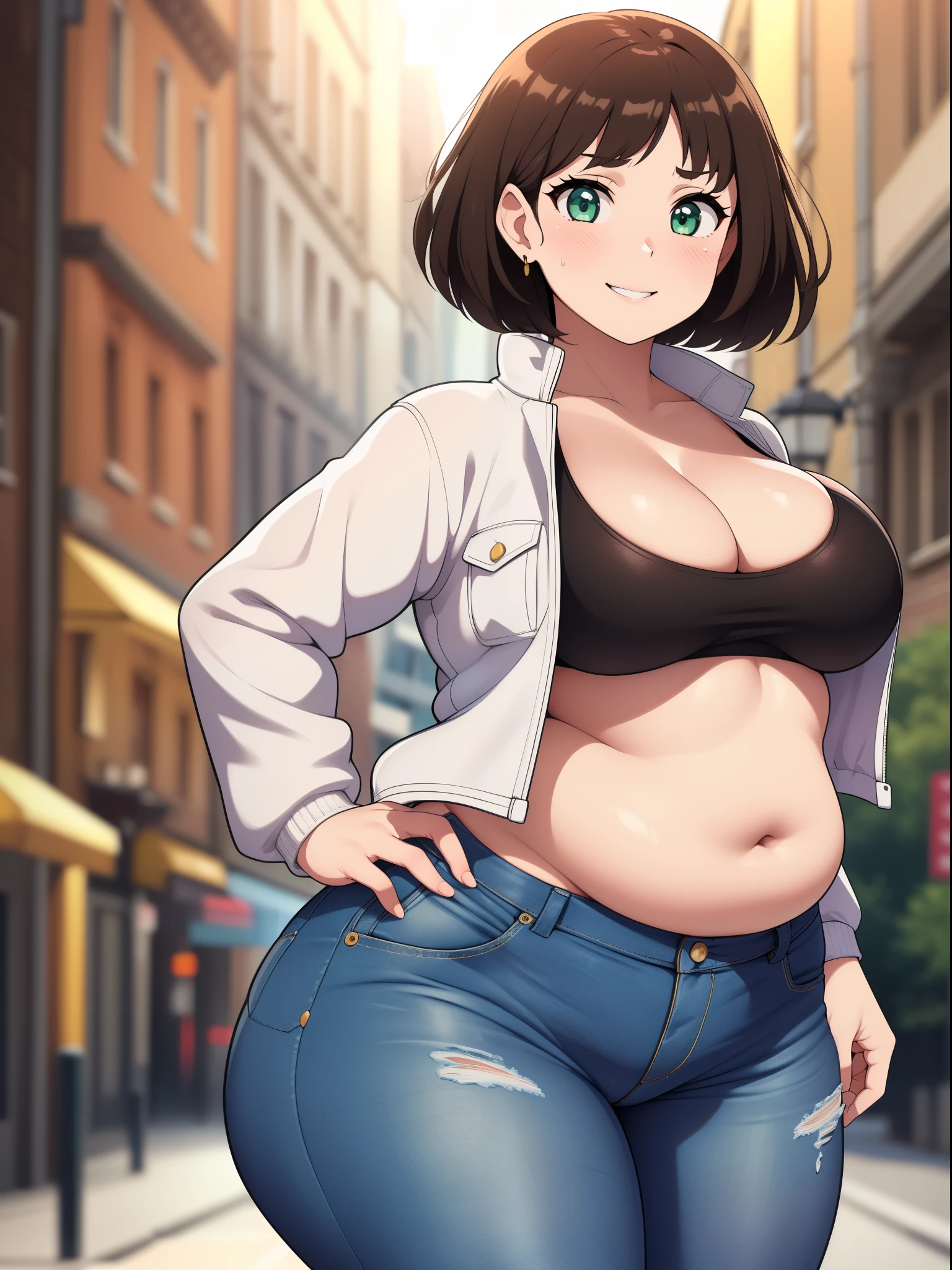((high res)), (Masterpiece), perfect anatomy, perfect shading, field of depth, (best quality), extremely delicate and beautiful, perfect lighting, detailed face, ultra cute face, cute, (cowboy shot 1.2), looking at viewer, full body, ((1girl)), ((solo)),
has short hair, fluffy hair, brown hair, green eyes, ((blush)), affectionate smile, (white crop 1.2), (jeans 1.2), (light jacket 1.2), extremely tight clothes, medium breasts, cleavage, perky breasts, (((wide hips))), ((thick thighs)), (chubby), chubby belly, fat rolls, belly hang,
street, town, intricate background, detailed background, standing, hand on hip,