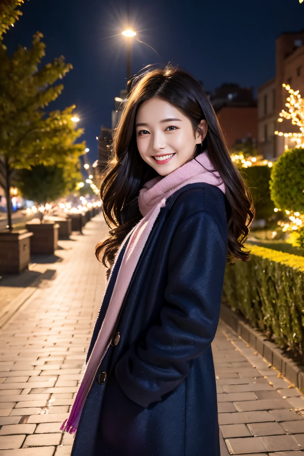 （top-quality、8K、32K、​masterpiece,)Night city、Brick walkway、beautiful shining city、Colorful lights on street trees、warm illumination、Beautuful Women、Wearing a coat、Winding muffler、Hair fluttering in the wind、Smiling happily、profile